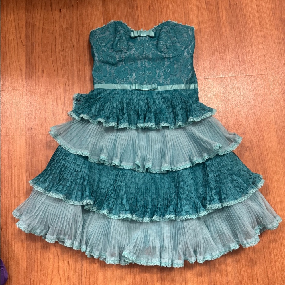 Betsey Johnson Strapless Teal Ruffle Dress